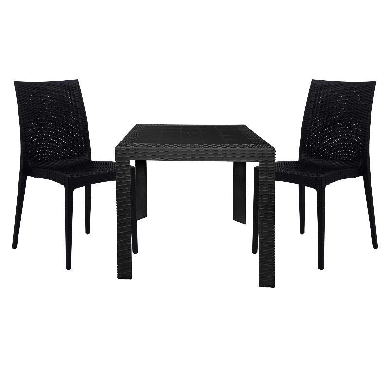 LeisureMod Mace Mid-Century 3-Piece Plastic Outdoor Dining Set Black