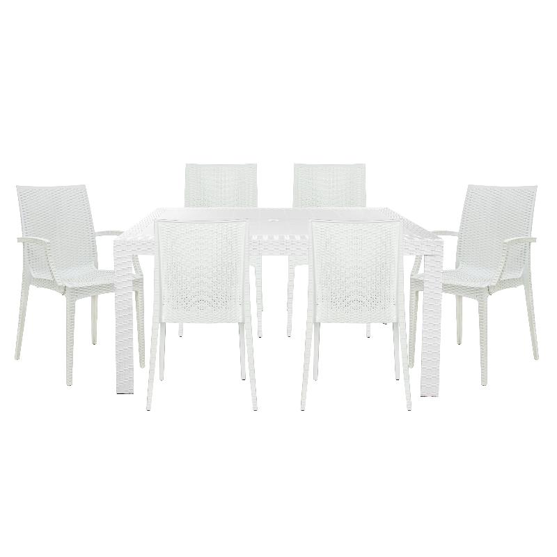 LeisureMod Mace 7-Piece Rectangular Plastic Outdoor Dining Set White