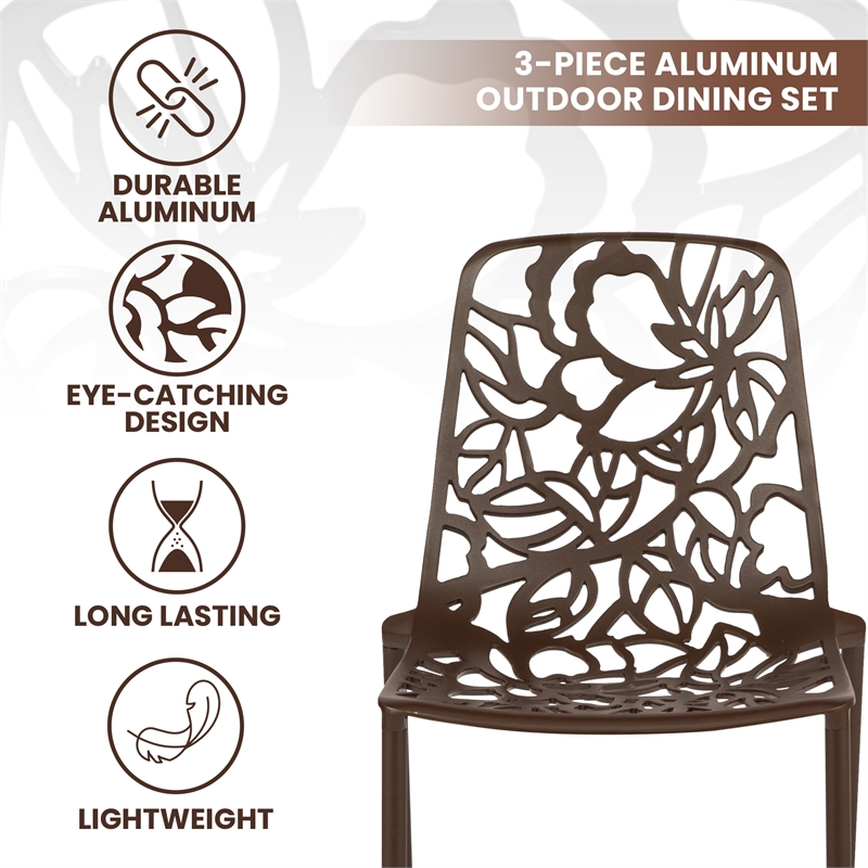 LeisureMod Devon 3-Piece Aluminum Dining Set with Table and Set of Chairs Brown