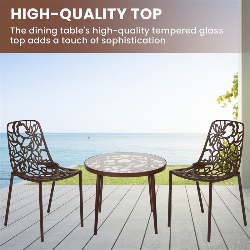 LeisureMod Devon 3-Piece Aluminum Dining Set with Table and Set of Chairs Brown