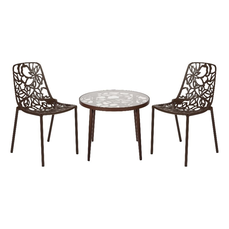 LeisureMod Devon 3-Piece Aluminum Dining Set with Table and Set of Chairs Brown