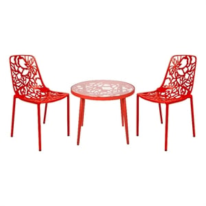 LeisureMod Devon 3-Piece Aluminum Dining Set with Table and Set of Chairs Red