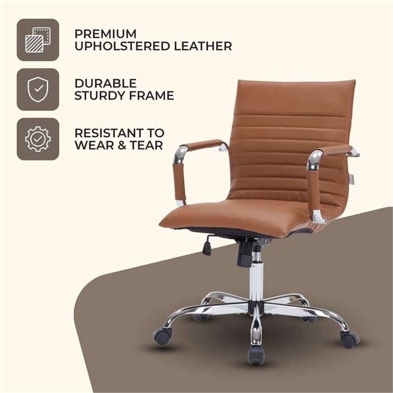 LeisureMod Harris Adjustable Swivel Leather Task Office Chair Light Brown