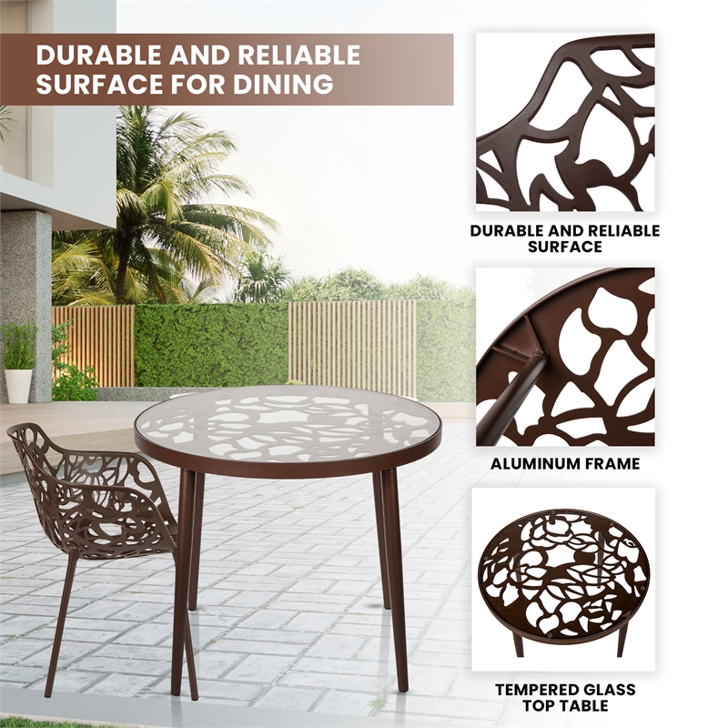 LeisureMod Devon Aluminum 3-Piece Dining Set with Table and 2 Armchairs Brown