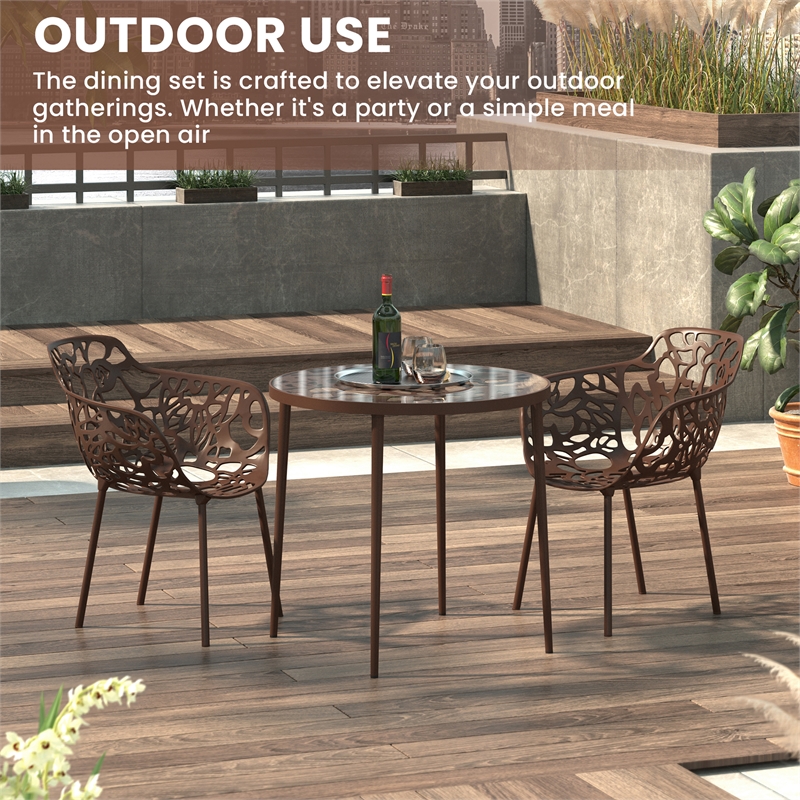 LeisureMod Devon Aluminum 3-Piece Dining Set with Table and 2 Armchairs Brown
