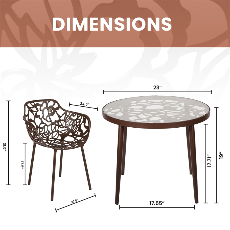 LeisureMod Devon Aluminum 3-Piece Dining Set with Table and 2 Armchairs Brown