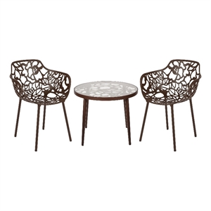 LeisureMod Devon Aluminum 3-Piece Dining Set with Table and 2 Armchairs Brown