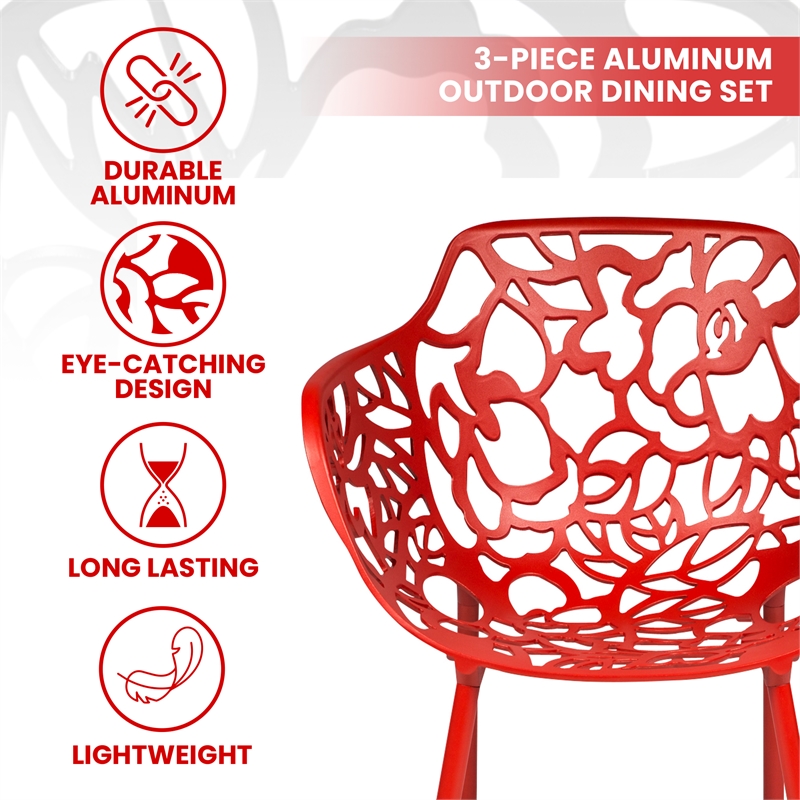 LeisureMod Devon Aluminum 3-Piece Dining Set with Table and 2 Armchairs Red