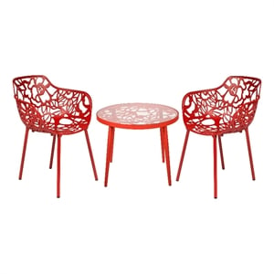 LeisureMod Devon Aluminum 3-Piece Dining Set with Table and 2 Armchairs Red