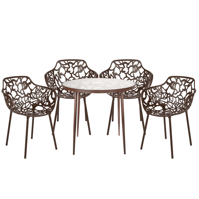 LeisureMod Devon 5-Piece Aluminum Dining Set with Table and 4 Armchairs Brown