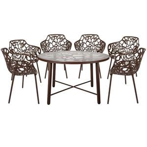 Leisuremod Devon 7-Piece Aluminum Dining Set with Table and 6 Armchairs Brown