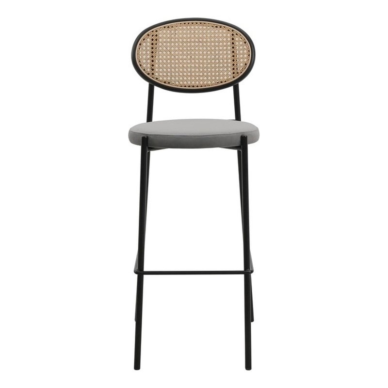 LeisureMod Euston Wicker Bar Stool with Black Metal Frame and Footrest Gray