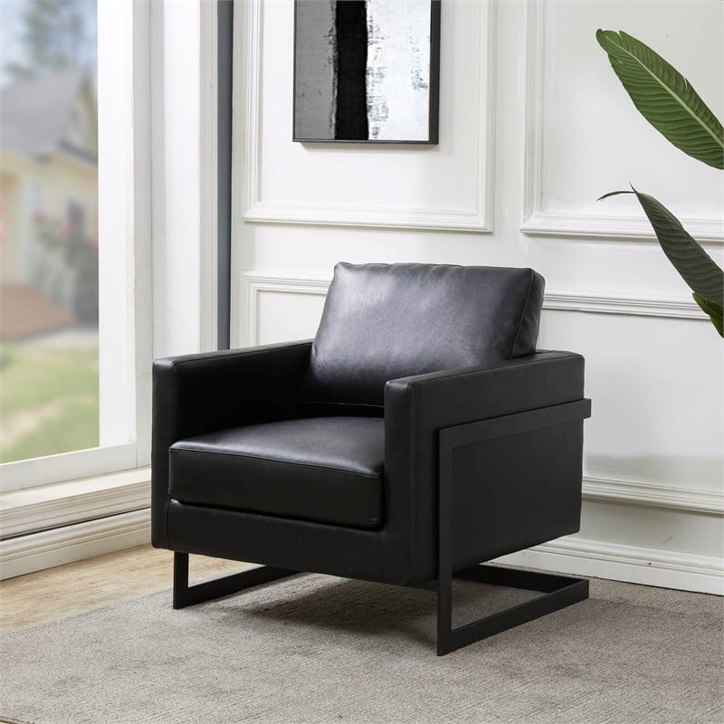 LeisureMod Lincoln Modern Leather Arm Chair with Black Steel Frame Black