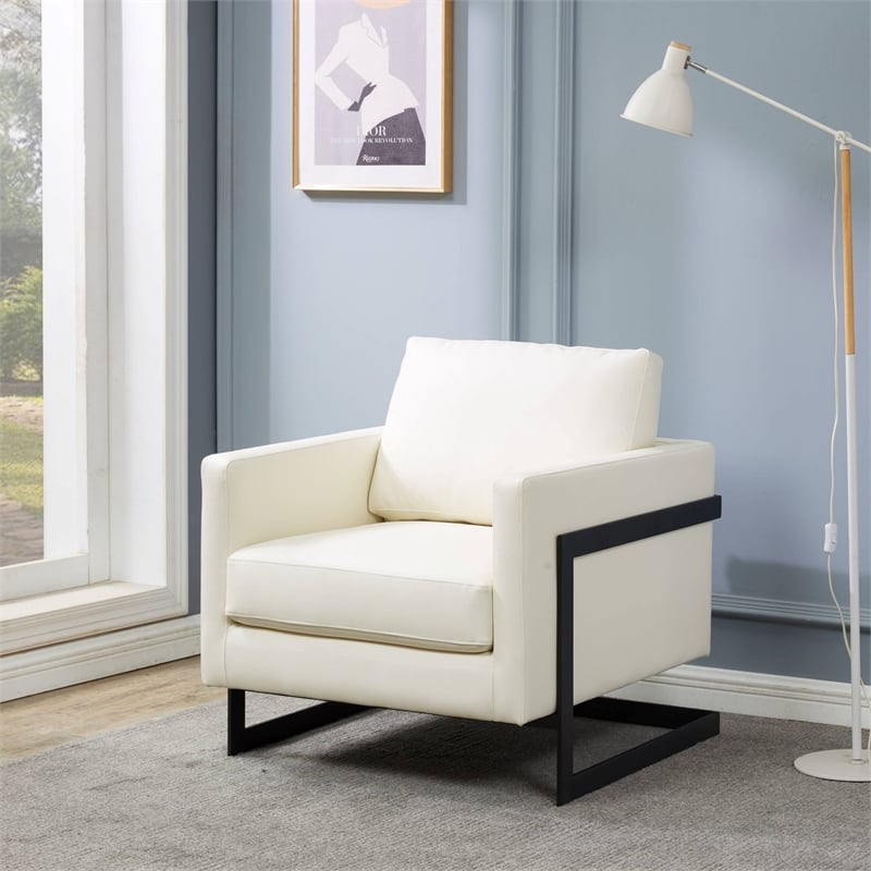 LeisureMod Lincoln Modern Leather Arm Chair with Black Steel Frame White