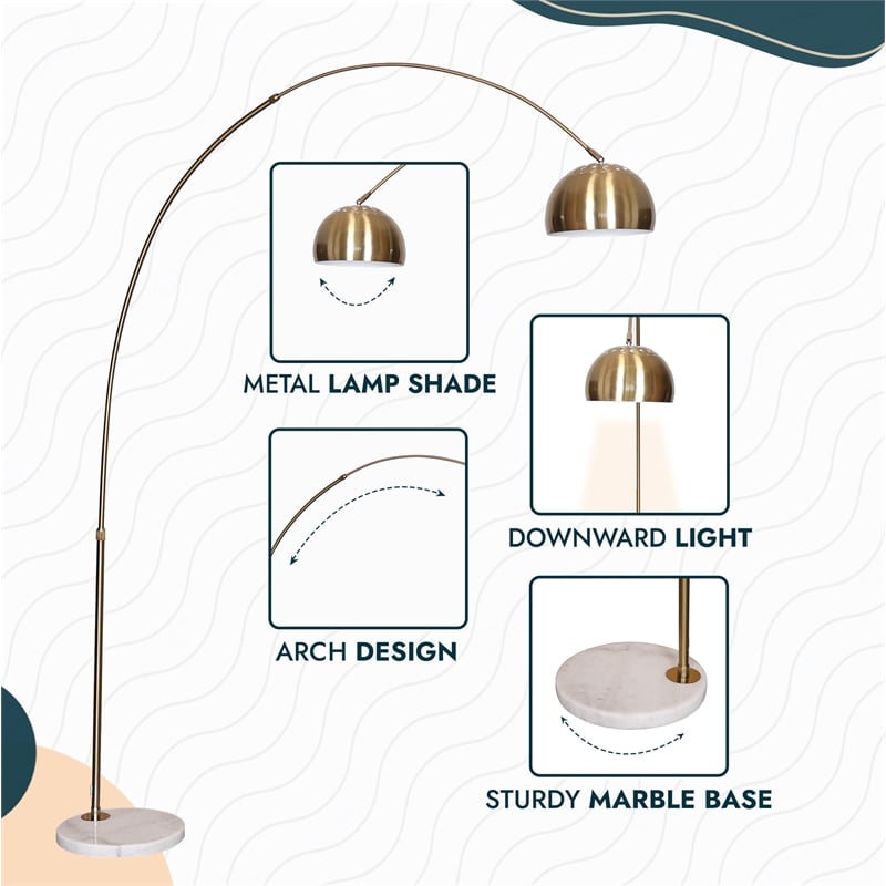 Leisuremod Arco Floor Lamp with White Marble Base and Metal Lamp Shade Gold
