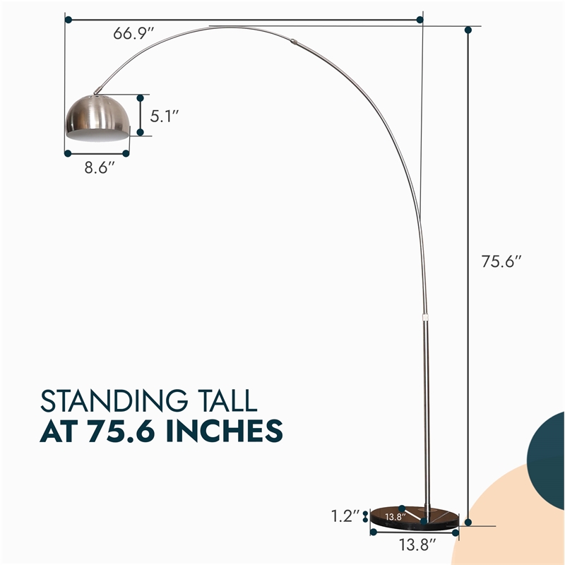 Leisuremod Arco Floor Lamp with White Marble Base and Metal Lamp Shade Silver