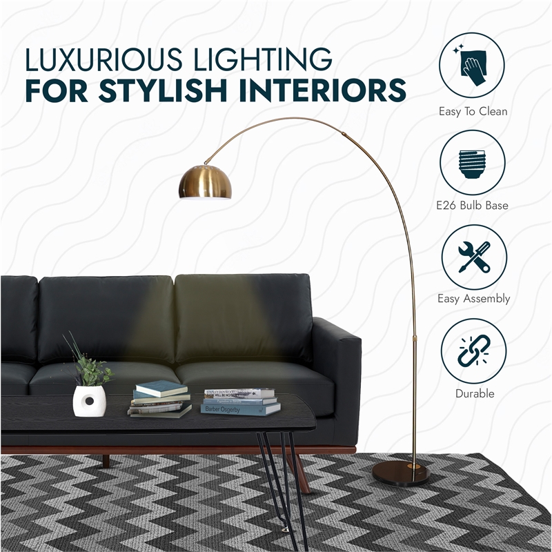 Leisuremod Arco Floor Lamp with Black Marble Base and Metal Lamp Shade Gold