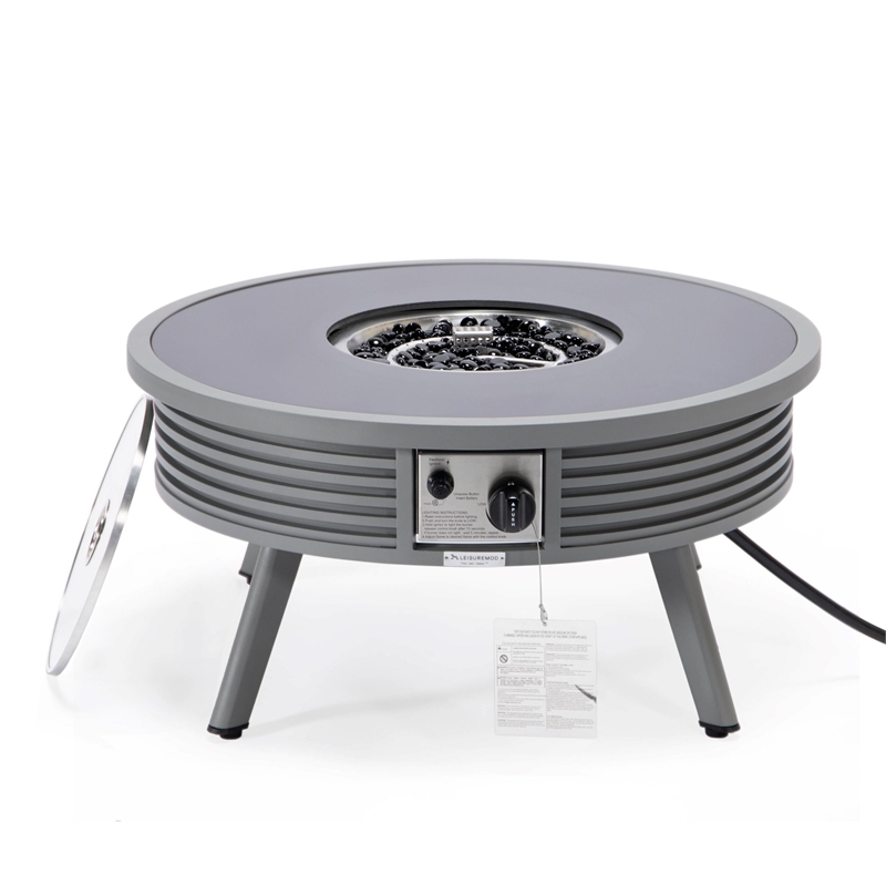Leisuremod Walbrooke Round Patio Fire Pit Table with Aluminum Slats Frame Gray