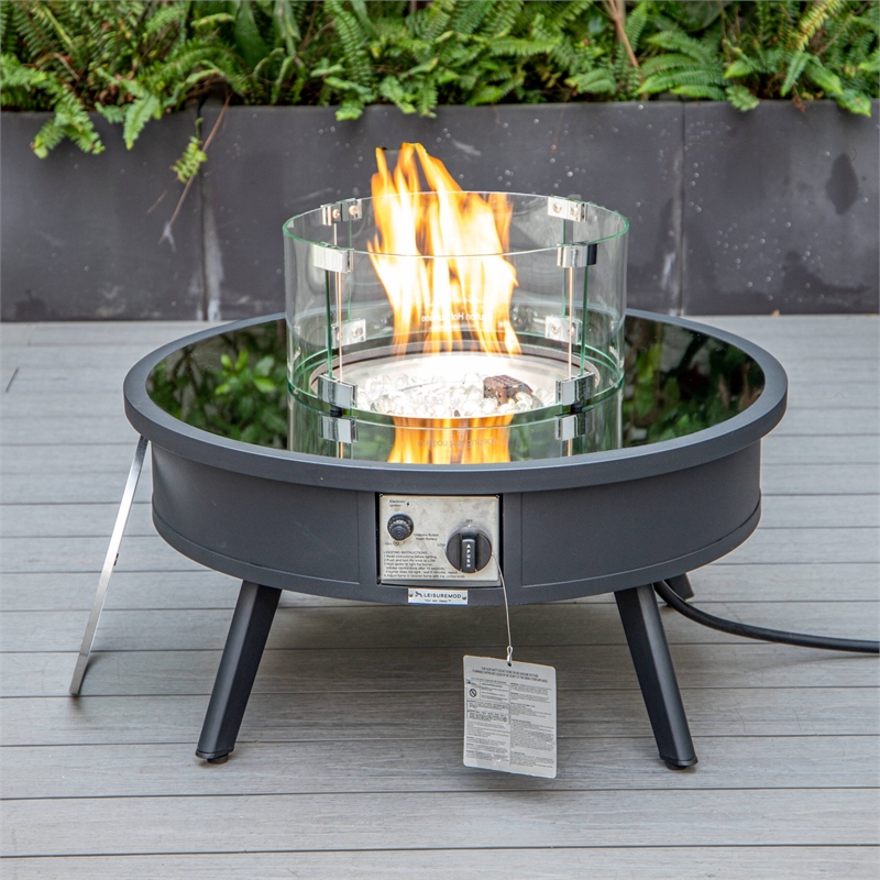 Leisuremod Walbrooke Round Patio Fire Pit Table with Aluminum Frame Black