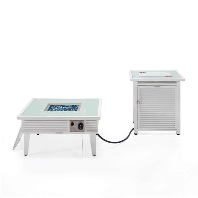LeisureMod Walbrooke Square Patio Aluminum Fire Pit Table and Tank Holder White