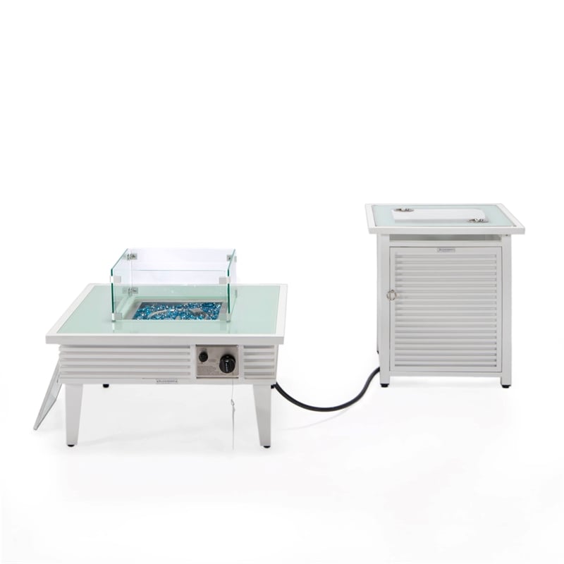 LeisureMod Walbrooke Square Patio Aluminum Fire Pit Table and Tank Holder White