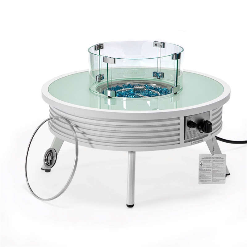 LeisureMod Walbrooke Round Patio Aluminum Fire Pit Table and Tank Holder White
