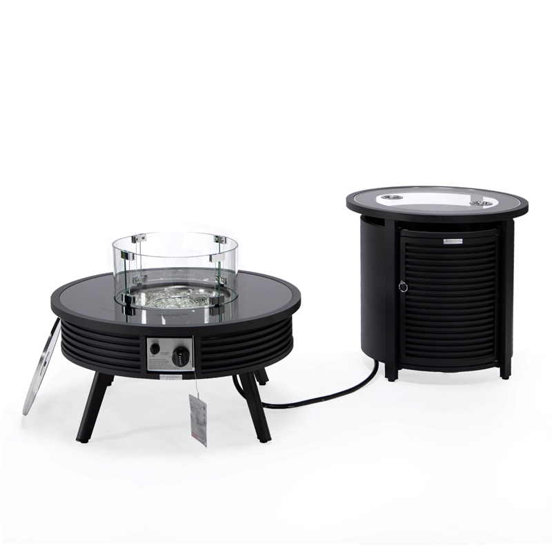 LeisureMod Walbrooke Round Patio Aluminum Fire Pit Table and Tank Holder Black