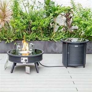 LeisureMod Walbrooke Round Patio Aluminum Fire Pit Table and Tank Holder Black