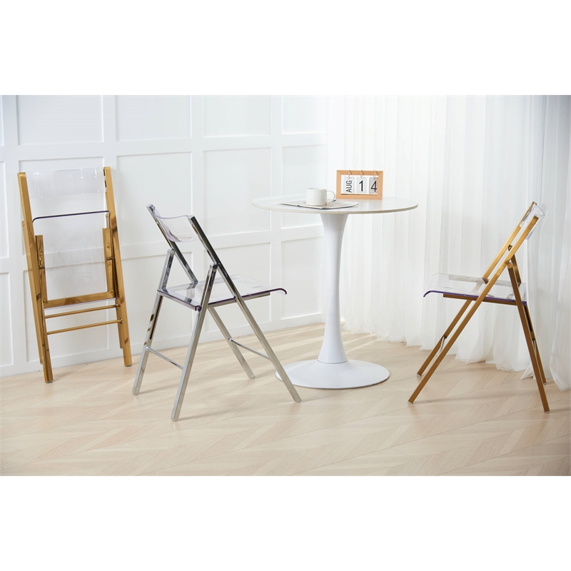 LeisureMod Menno Stainless Steel & Acrylic Folding Dining Chair in Gold/Clear
