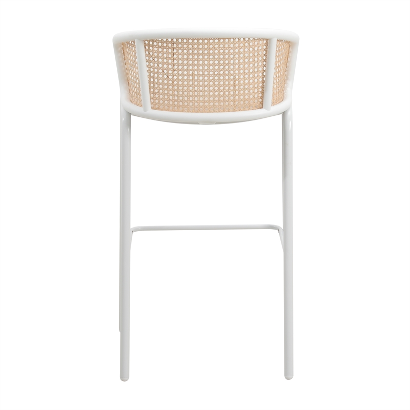LeisureMod Ervilla Wicker Bar Stool with White Powder Coated Metal Frame Beige