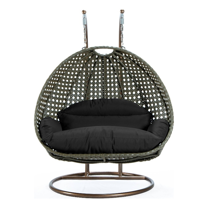 LeisureMod Outdoor Beige Wicker Hanging Double Egg Swing Chair in Black