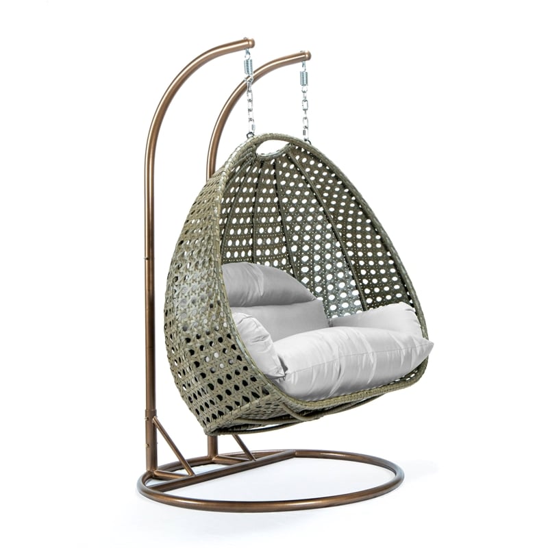 LeisureMod Outdoor Beige Wicker Hanging Double Egg Swing Chair in White