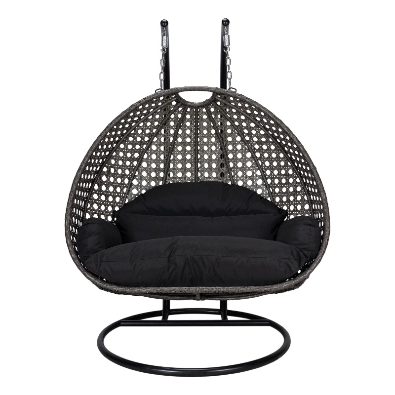 LeisureMod Outdoor Charcoal Wicker Hanging Double Egg Swing Chair in Black