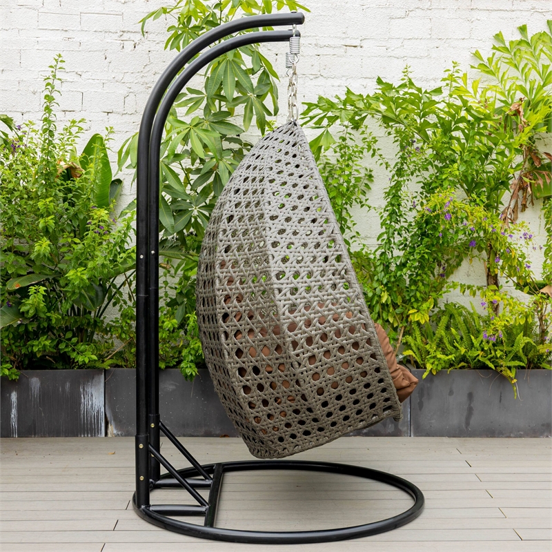 LeisureMod Outdoor Charcoal Wicker Hanging Double Egg Swing Chair in Brown