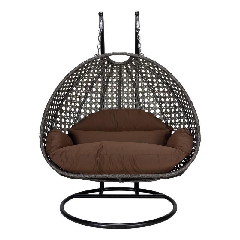 LeisureMod Outdoor Charcoal Wicker Hanging Double Egg Swing Chair in Brown