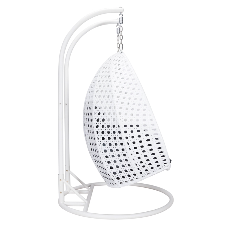 LeisureMod Outdoor White Wicker Hanging Double Egg Swing Chair in Dark Gray