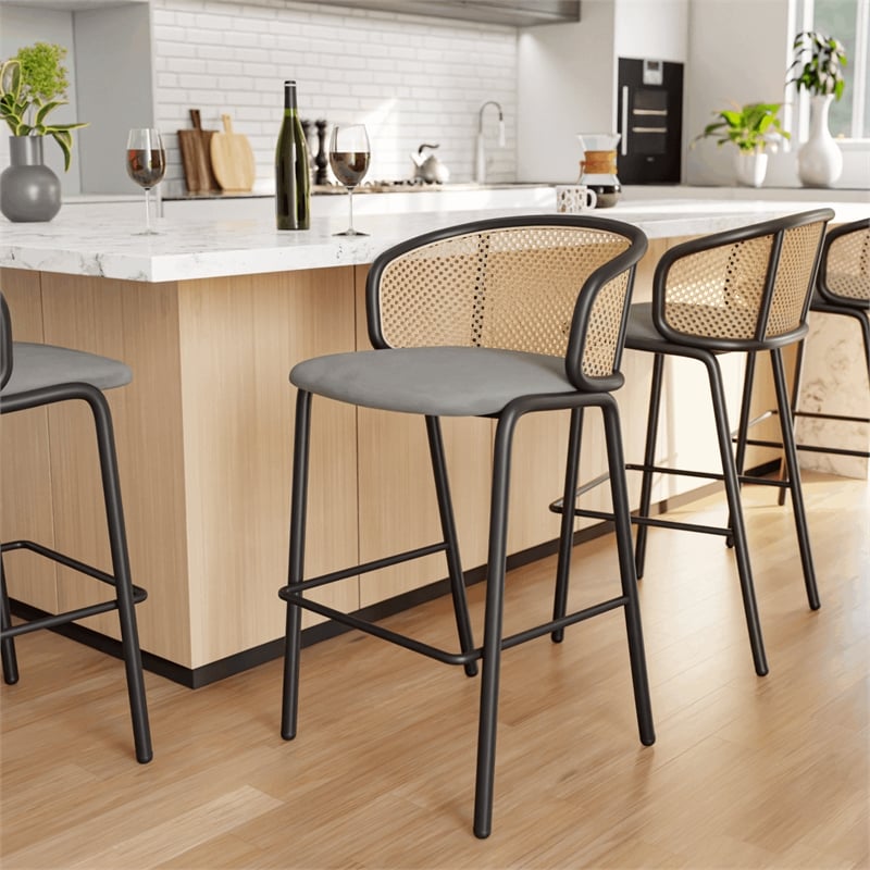 LeisureMod Ervilla Bar Stool with Black Powder Coated Metal Frame Set of 2 Gray