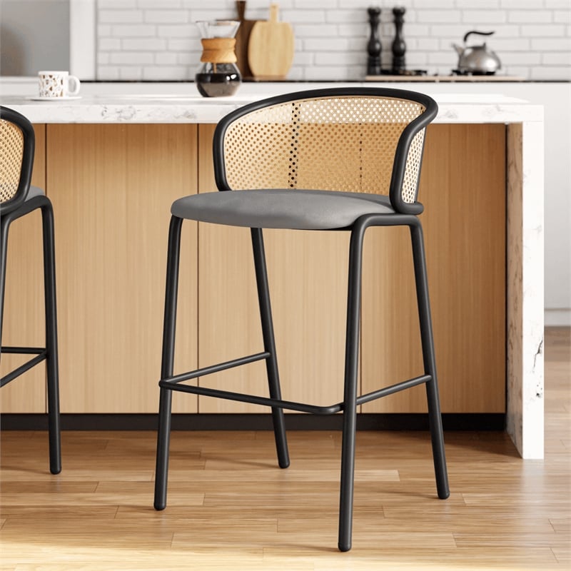 LeisureMod Ervilla Bar Stool with Black Powder Coated Metal Frame Set of 2 Gray