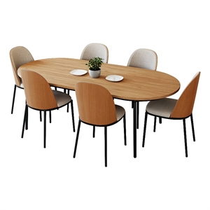 LeisureMod Tule 7-Piece Dining Set in Steel with 6 Chairs Natural Wood/Beige