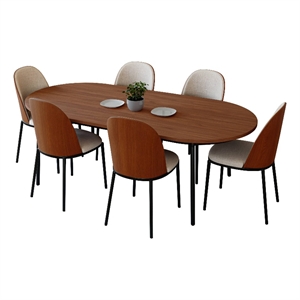 LeisureMod Tule 7-Piece Dining Set in Steel with 6 Chairs Walnut/Beige