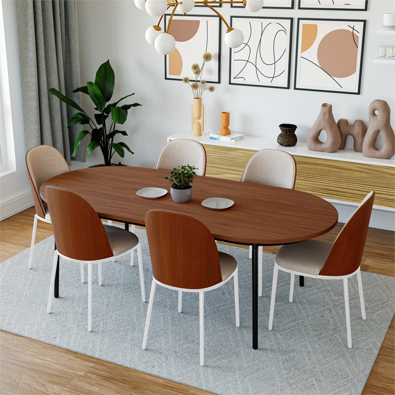 LeisureMod Tule Modern Dining Chair with Velvet Seat Walnut/Beige