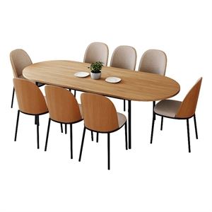 LeisureMod Tule 9-Piece Dining Set with Velvet Seat Natural Wood/Brown