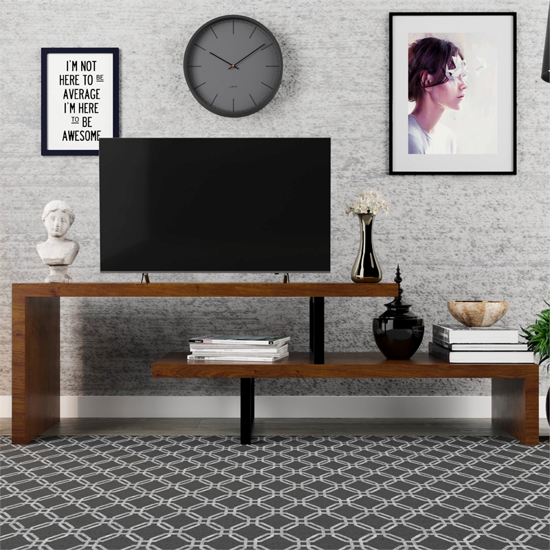 LeisureMod Orford TV Stand with Wood Shelves and Iron Legs Walnut