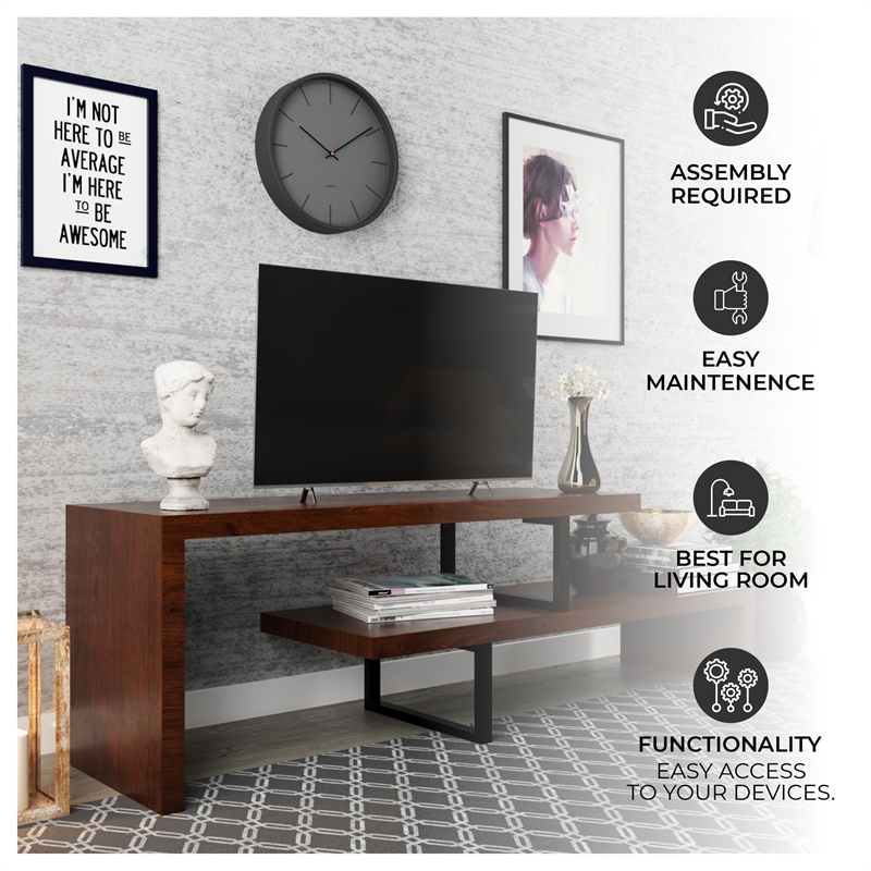 LeisureMod Orford TV Stand with Wood Shelves and Iron Legs Walnut