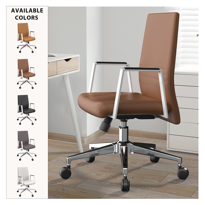 LeisureMod Aleen Upholstered Faux Leather/Iron Swivel Office Chair in Dark Brown