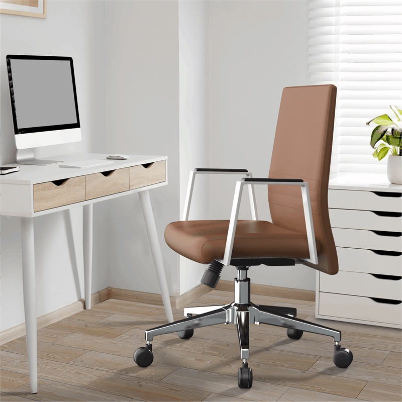 LeisureMod Aleen Upholstered Faux Leather/Iron Swivel Office Chair in Dark Brown