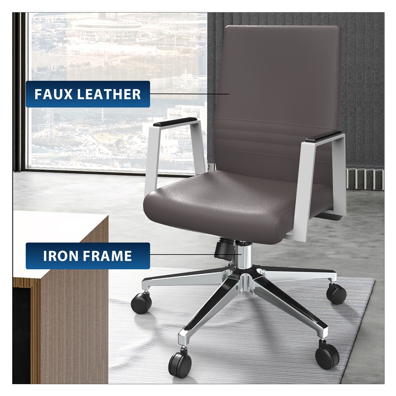 LeisureMod Aleen Upholstered Faux Leather & Iron Swivel Office Chair in Gray