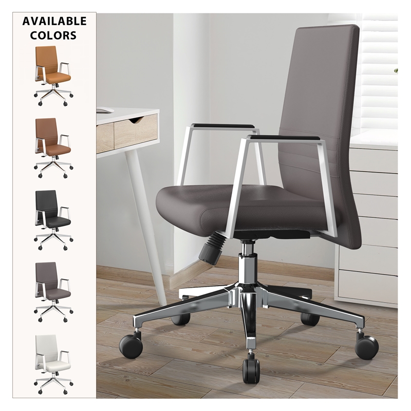 LeisureMod Aleen Upholstered Faux Leather & Iron Swivel Office Chair in Gray