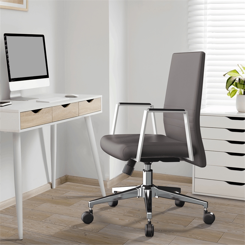 LeisureMod Aleen Upholstered Faux Leather & Iron Swivel Office Chair in Gray