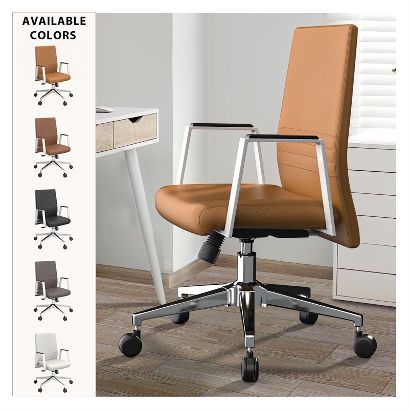 LeisureMod Aleen Upholstered Faux Leather Swivel Office Chair in Acorn Brown